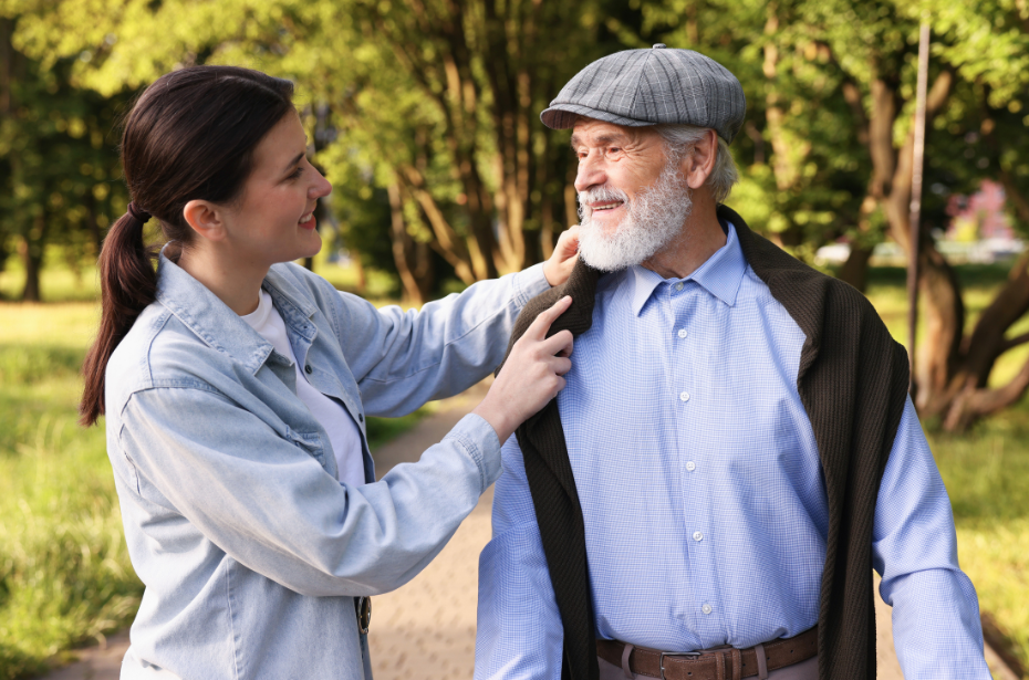 support worker carer caregiver help assist elderly man outdoor care skills